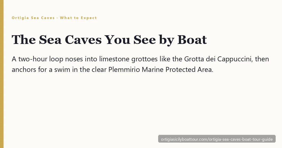 Ortigia sea caves boat tour — a small boat entering a limestone grotto with deep blue-green water near Syracuse